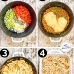 Four images showing how to make chicken noodle casserole. The text reads, "Chicken Noodle Casserole."