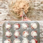 Four images showing how to make Chicken Parmesan Meatloaf Muffins.