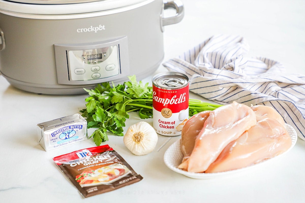 ingredients needed for creamy garlic crockpot chicken.