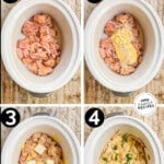 how to make creamy garlic chicken bites, 1) add chicken to the crockpot, 2)add in cream soup and gravy mix, 3) stir together, then top with pats of butter, 4)cook and serve!