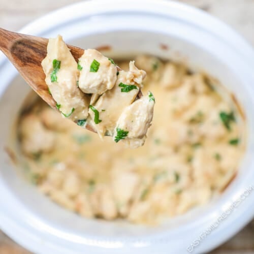 a wooden spoon holding a scoop of creamy garlic chicken bites over the slow cooker.