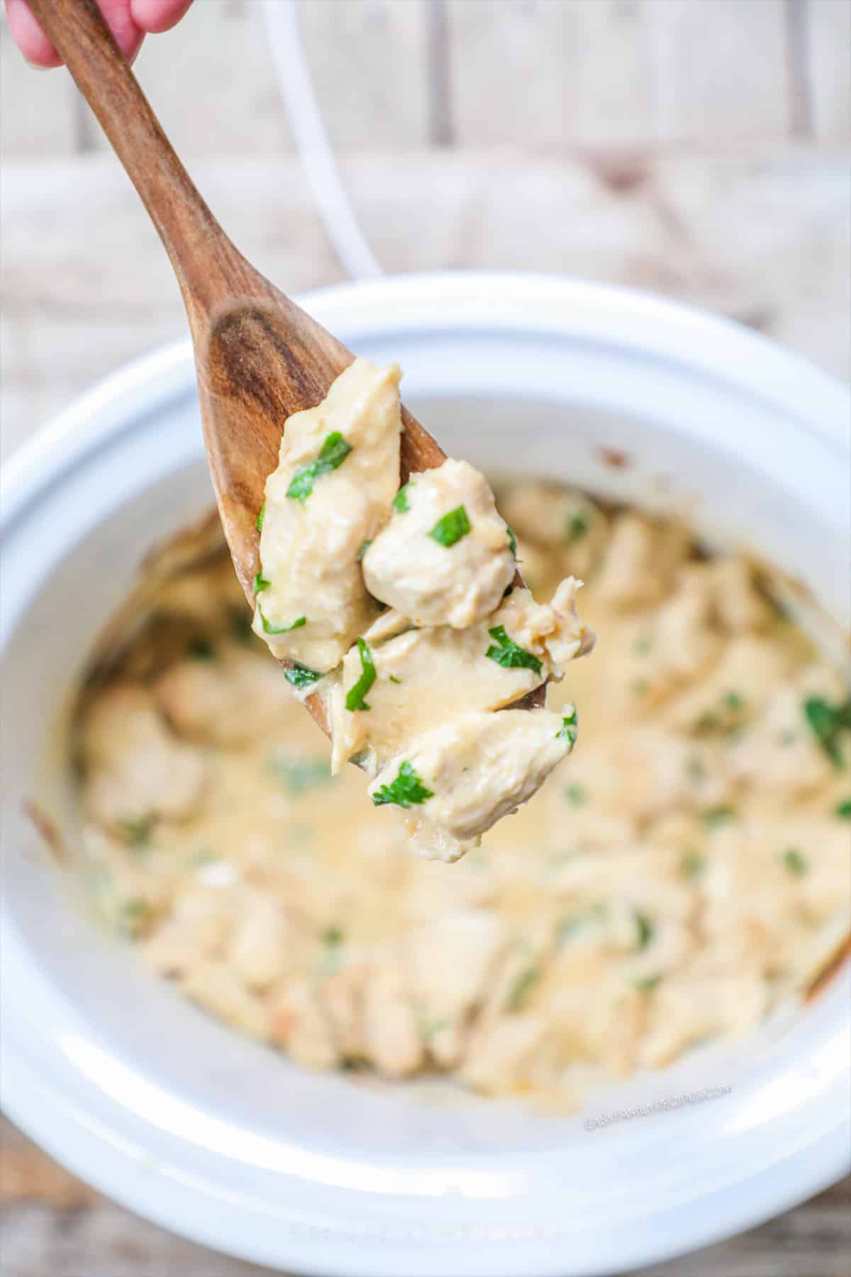 a wooden spoon holding a scoop of creamy garlic chicken bites over the slow cooker.