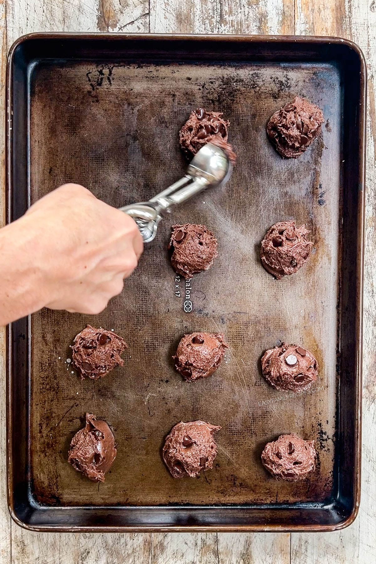 Devil's food cookies on a baking sheet, fresh out of the oven.