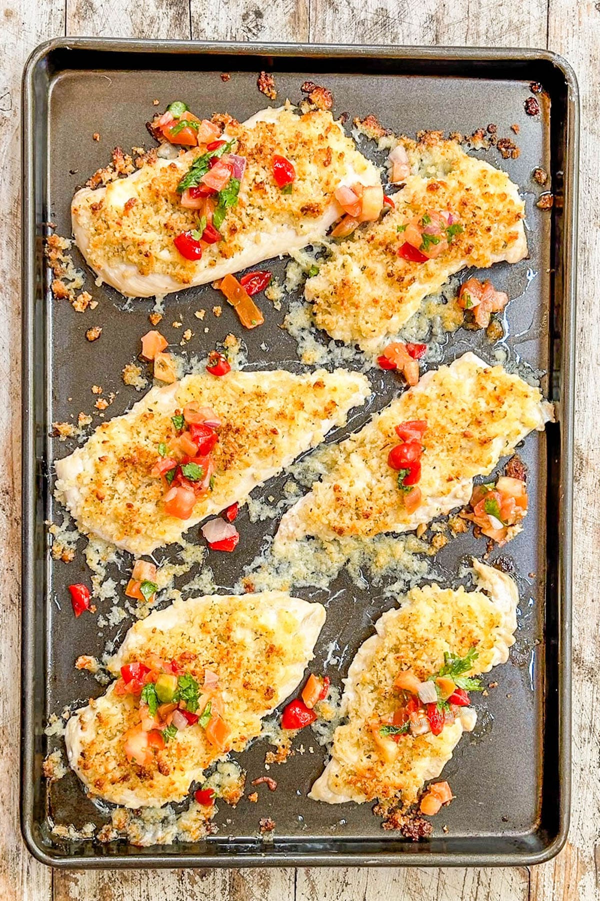 A top view of Monterey Jack Unfried Chicken with Pico de Gallo over the top, ready to serve.