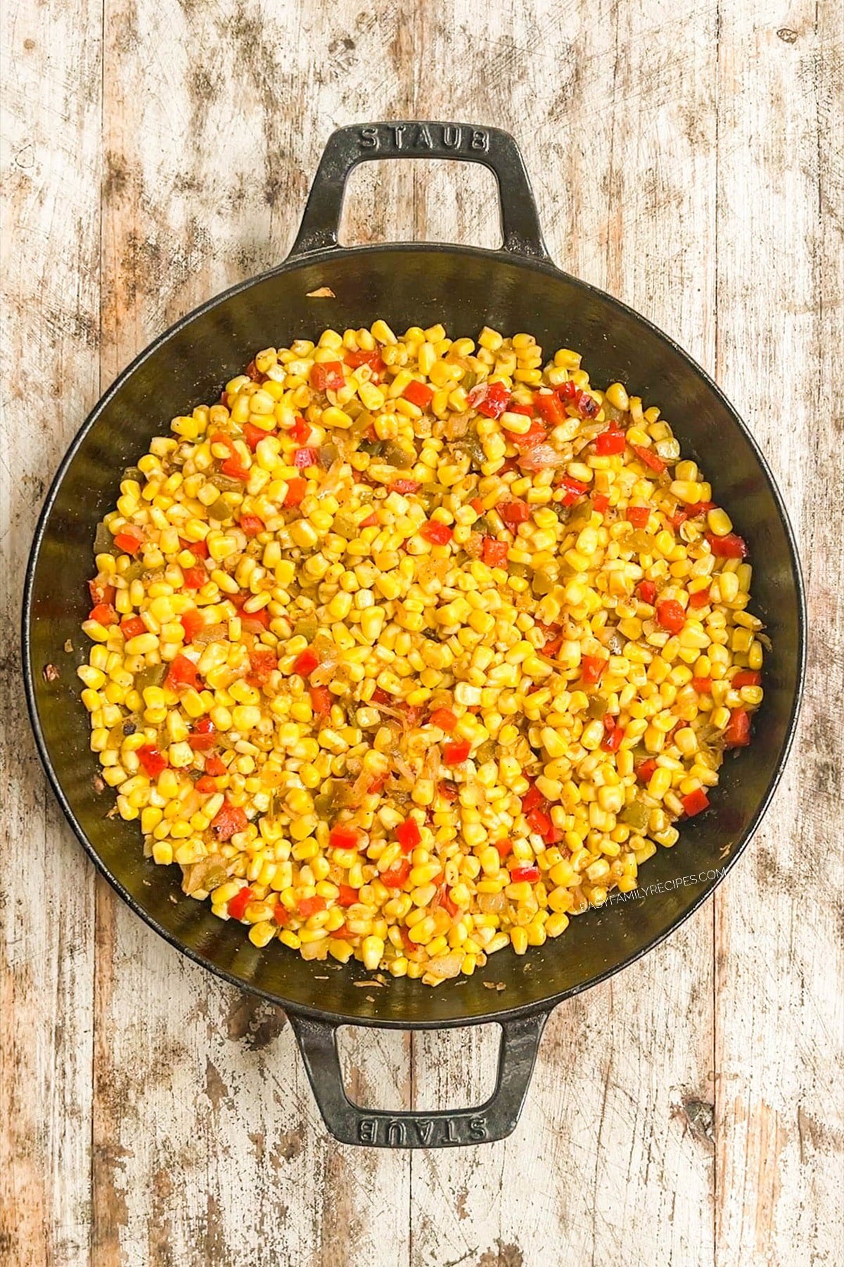 Southwest Corn in a black skillet, ready to serve.