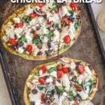 Two Mediterranean Flatbreads on a baking sheet. The text reads, "Mediterranean Chicken Flatbread."