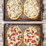 A vertical collage image with four images showing the steps for making Mediterranean Chicken Flatbread.