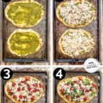 Four images showing the steps to making Mediterranean Chicken Flatbread. The text reads, "Mediterranean Chicken Flatbread."