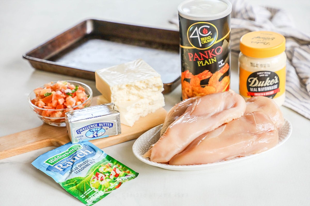 Ingredients for Monterey Jack Unfried Chicken on a white background.