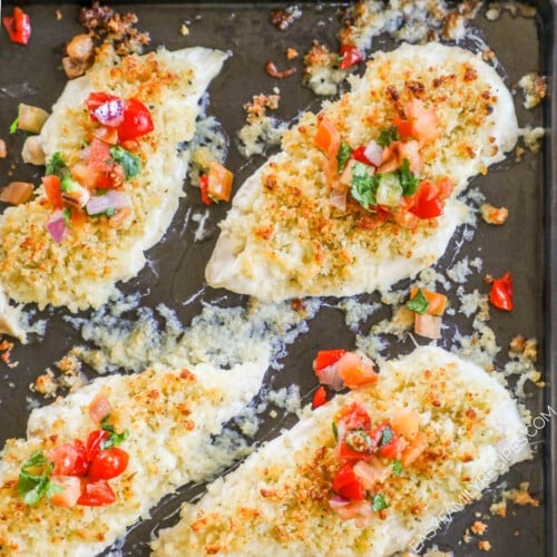 Monterey Jack Unfried Chicken on a sheet pan, baked and ready to serve.