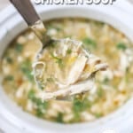 A white bowl of Salsa Verde Chicken Soup with a spoonful of the soup being lifted out of the bowl. The text reads, "Salsa Verde Chicken Soup."