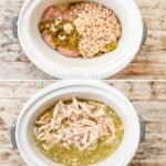 A vertical collage showing four images, the steps for making Salsa Verde Soup.