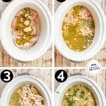 Four images showing the steps for making Salsa Verde Soup. The text reads, "Salsa Verde Chicken Soup."