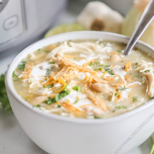 A bowl of Salsa Verde Soup with a spoon in it and a Crock Pot in the background.