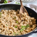 a skillet filled with ground chicken.