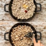 4 image collage making recipe by cooking the ground chicken in a skillet