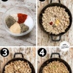 4 image collage making recipe by cooking the ground chicken in a skillet