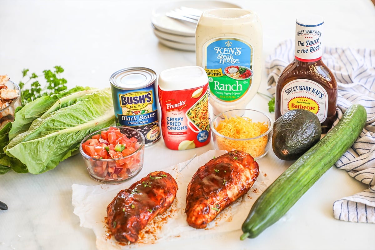 Ingredients for BBQ Ranch Chicken Salad on a white background.