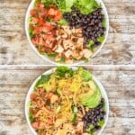 Four images showing how to make BBQ Ranch Chicken Salad. The salad ingredients are in a white bowl on a distressed wood background.