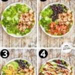 Four images showing how to make BBQ Ranch Chicken Salad. The salad ingredients are in a white bowl on a distressed wood background. The text reads, "BBQ Ranch Chicken Salad."