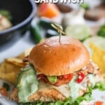 Baja Chicken Sandwich on a white plate with a skillet and ingredients in the background. The text reads, “Baja Chicken Sandwich.”