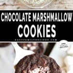 A vertical collage image with two images. The top image shows the ingredients for the batter for chocolate marshmallow cookies in a clear glass bowl on a distressed white wood background. The bottom displays a silver spatula holding a cookie. The text reads, “Chocolate Marshmallow Cookies.”