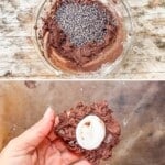 Four images in a vertical format showing the steps for making chocolate marshmallow cookies.