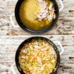 A collage image with four pics showing how to make lemon chicken orzo soup in a white Dutch oven with a distressed wood background.