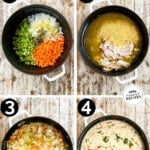 A collage image showing the four steps for making lemon chicken orzo soup. The text reads, "Creamy Lemon Chicken Orzo Soup."