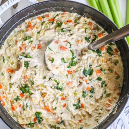 A ladle scoops out a portion of Creamy Lemon Chicken Orzo Soup from a Dutch oven.