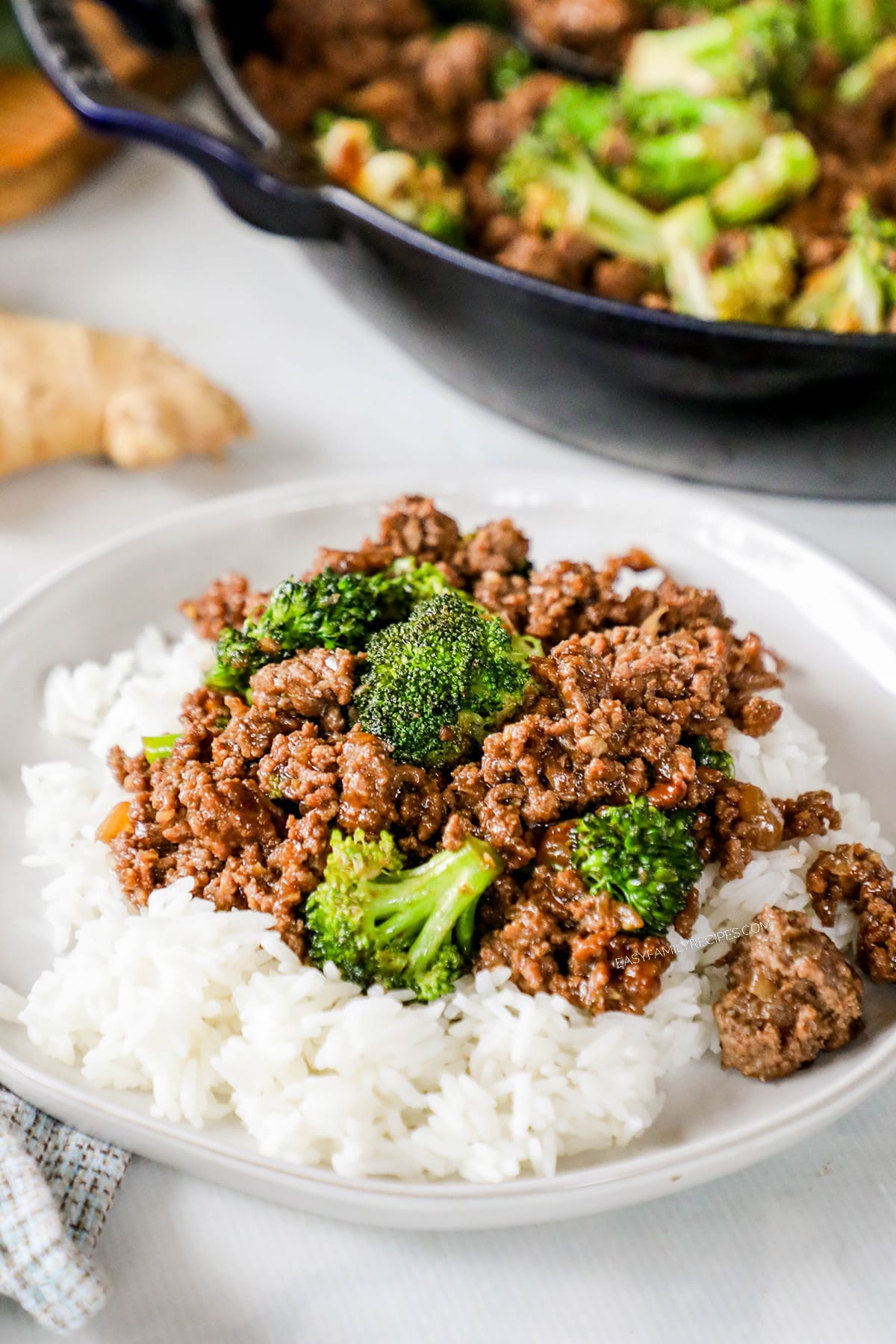 Quick Ground Beef and Broccoli prepared and served with rice.