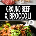 Ingredients for making ground beef and broccoli and the finished ground beef and broccoli dish.