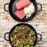 Process photos for how to make ground beef and broccoli.