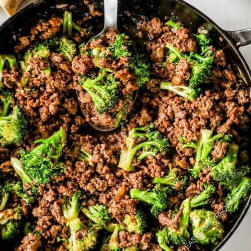 Ground Beef and Broccoli in a skillet served as a fast dinner idea.