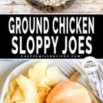 two images for chicken sloppy joe recipe, one with raw ground chicken in a pan and the second with the sloppy joe filling served on a bun.