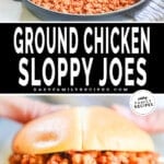 two images of sloppy joe, first with the filling in a pan and the second with the filling served on a bun.