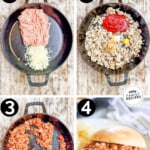 how to make ground chicken sloppy joes, 1) add chicken and onion to a skillet, 2) add in chili sauce, brown sugar, mustard, and spices, 3) cook, 4) serve on a bun.