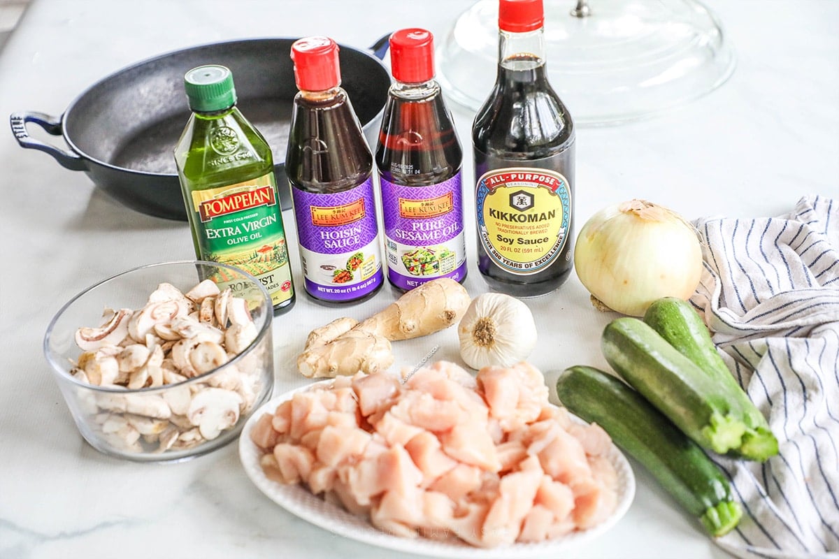 Ingredients for Hibachi Chicken on a white background.