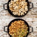 A vertical collage of four images showing the steps for making Hibachi Chicken.