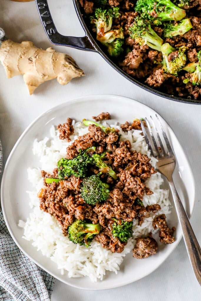 Easy Ground Beef and Broccoli on a plate served with rice.