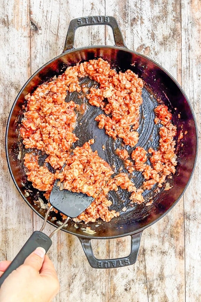 ground chicken sloppy joe filling in a skillet.