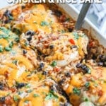 A spatula scoops a serving of Mexican Chicken & Rice Bake out of a white baking dish. The text reads, "Mexican Chicken & Rice Bake"