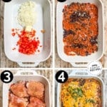 A collage image with four images showing the steps to making Mexican Chicken & Rice Bake. The text reads, "Mexican Chicken & Rice Bake"