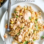 A serving of vegetable fried rice on a white plate with a silver fork. The text reads, “Vegetable Fried Rice.”