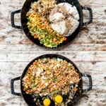 Vertical collage with four images depicting how to make veggie fried rice.