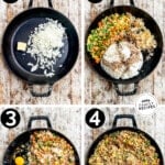 Four images showing how to make vegetable fried rice. The text reads, “Vegetable Fried Rice.”