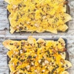 A vertical collage of four images showing the steps of how to make BBQ chicken nachos.