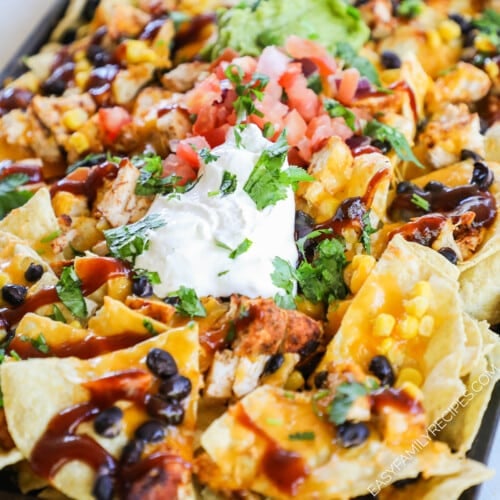 BBQ chicken nachos with sour cream, pico de Gallo, and cilantro on top.