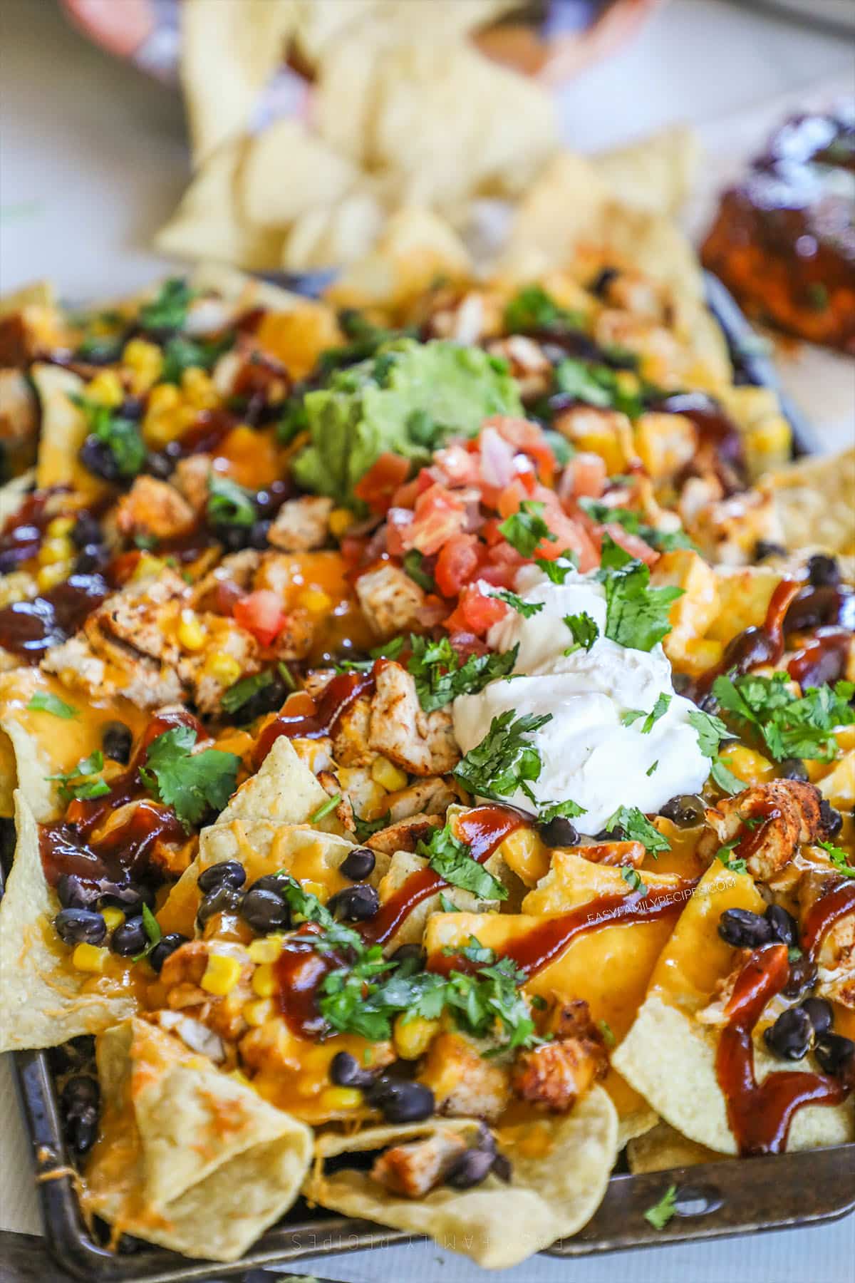 A close-up of BBQ chicken nachos with toppings.