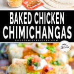 Two images, the first showing ingredients for chicken chimichangas. The second shows chicken chimichangas ready to serve. The text reads, “Baked Chicken Chimichangas.”